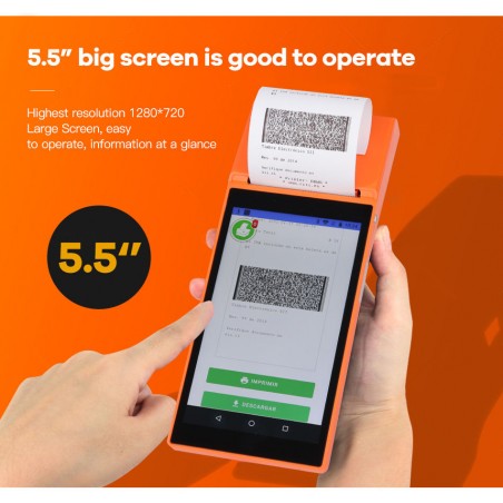 Bezprzewowody Bluetooth POS z wbudowaną drukarką termiczną ekran dotykowy 5.5` NFC Android 8.1 1GB/8GB