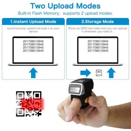 Bezprzewodowy skaner kodów kreskowych na palec 1D 2D QR Aztec MaxiCode 2.4G i Bluetooth