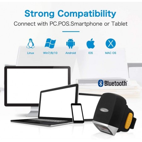Bezprzewodowy skaner kodów kreskowych na palec 1D 2D QR Aztec MaxiCode 2.4G i Bluetooth