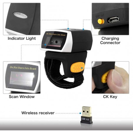Bezprzewodowy skaner kodów kreskowych na palec 1D 2D QR Aztec MaxiCode 2.4G i Bluetooth
