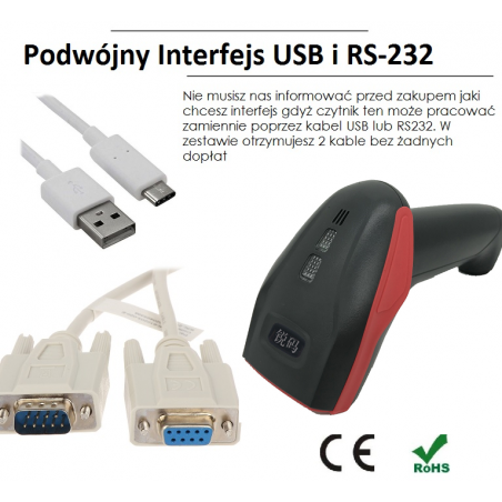 Przewodowy skaner kodów kreskowych 1D 2D QR ze stojakeim USB i RS 232 podwójny intefejs