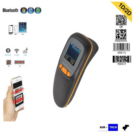 Kieszonkowy czytnik kodów kreskowych 1D 2D QR Aztec MaxiCode z wyświetlaczem mocna bateria 1500 mAh Bluetooh 2.4G i kabel