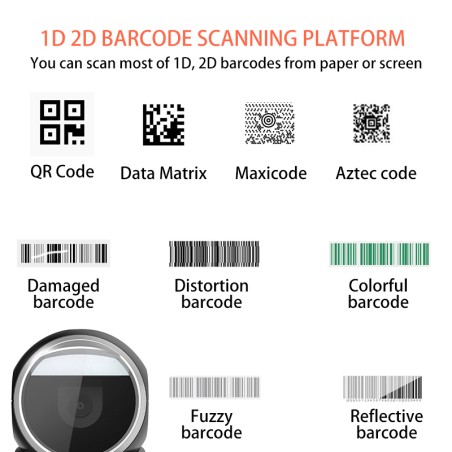 Stacjonarny czytnik kodów kreskowych 1D 2D QR Aztec MaxiCode