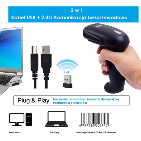 Bezprzewodowy czytnik kodów kreskowych 1D ze stojakiem 2-w-1 (2,4 GHz + przewodowy USB 2.0)