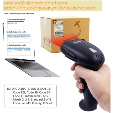 Bezprzewodowy czytnik kodów kreskowych 1D ze stojakiem 2-w-1 (2,4 GHz + przewodowy USB 2.0)