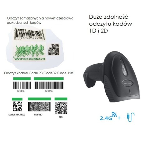 Bezprzewodowy skaner kodów kreskowych 1D 2D QR 2.4G