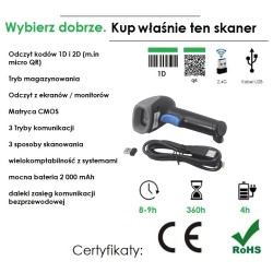 Bezprzewodowy skaner kodów kreskowych 1D 2D QR 2.4G