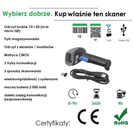 Bezprzewodowy skaner kodów kreskowych 1D 2D QR 2.4G