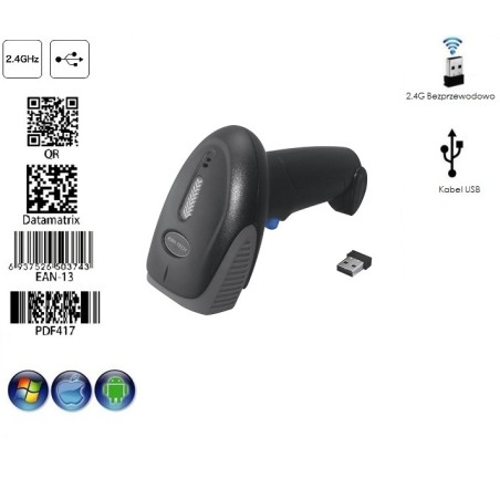 Bezprzewodowy skaner kodów kreskowych 1D 2D QR 2.4G
