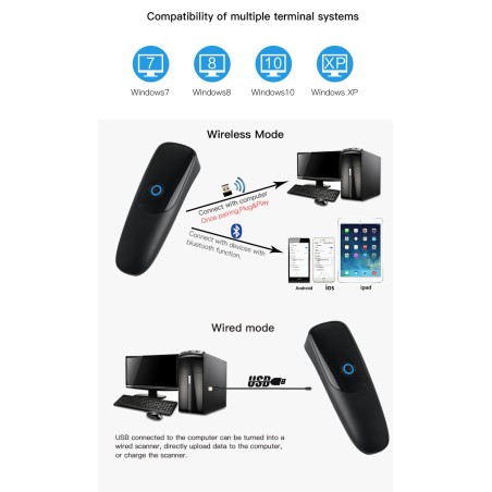 Kieszonkowy mini czytnik kodów kreskowych 1D 2D QR Bluetooth 2.4G Windows Android Mac 4mil