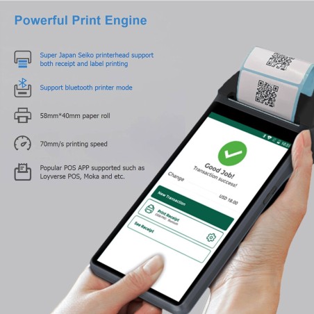 Ręczny terminal POS z drukarką termiczną kwitów i etykiet ekran 6 cali NFC Android 11 3GB/32GB z bazą do ładowania