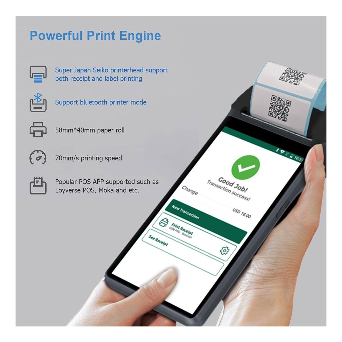 Ręczny terminal POS z drukarką termiczną kwitów i etykiet ekran 6 cali NFC Android 11 3GB/32GB z bazą do ładowania