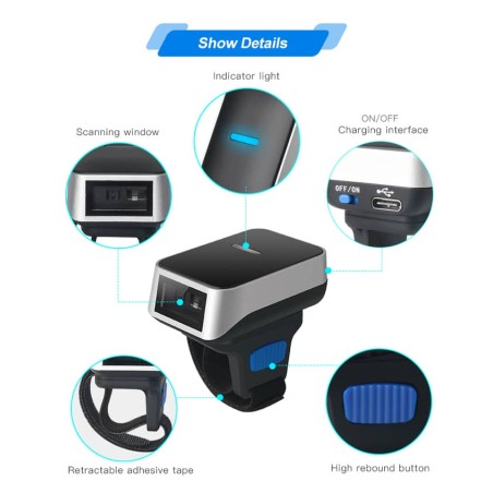 Bezprzewodowy laserowy skaner kodów kreskowych na palec 1D Bluetooth 450mAh szybki 300/s