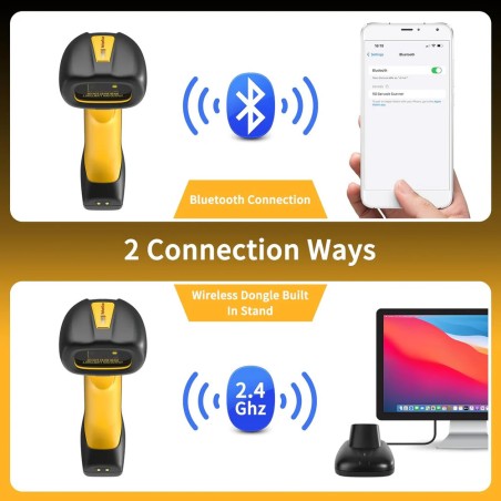 Wodoszczelny przemysłowy 2.4G z bazą i donglem oraz Bluetooth czytnik kodów kreskowych z mocną baterią 2600mAh