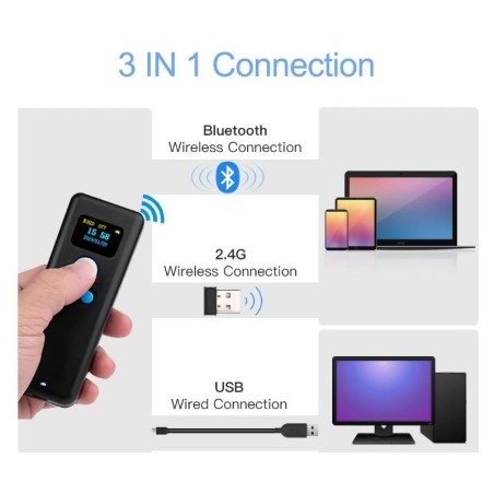 MINI CZYTNIK KODÓW KRESKOWYCH QR Z WYŚWIETLACZEM OLED BLUETOOTH BEZPRZEWODOWY 2.4 I KABEL USB