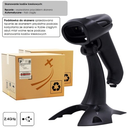 Bezprzewodowy czytnik kodów kreskowych 1D ze stojakiem 2-w-1 (2,4 GHz + przewodowy USB 2.0)