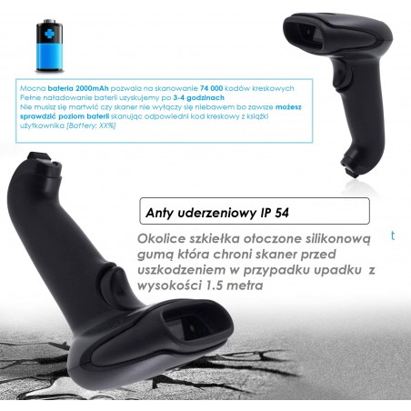 Bezprzewodowy czytnik kodów kreskowych 1D ze stojakiem 2-w-1 (2,4 GHz + przewodowy USB 2.0)