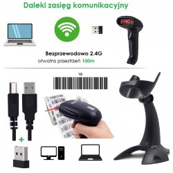 Bezprzewodowy czytnik kodów kreskowych 1D ze stojakiem 2-w-1 (2,4 GHz + przewodowy USB 2.0)