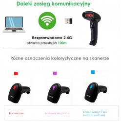 Bezprzewodowy czytnik kodów kreskowych 1D ze stojakiem 2-w-1 (2,4 GHz + przewodowy USB 2.0)