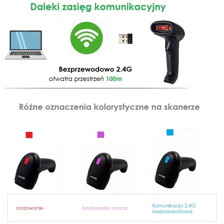 Bezprzewodowy czytnik kodów kreskowych 1D ze stojakiem 2-w-1 (2,4 GHz + przewodowy USB 2.0)