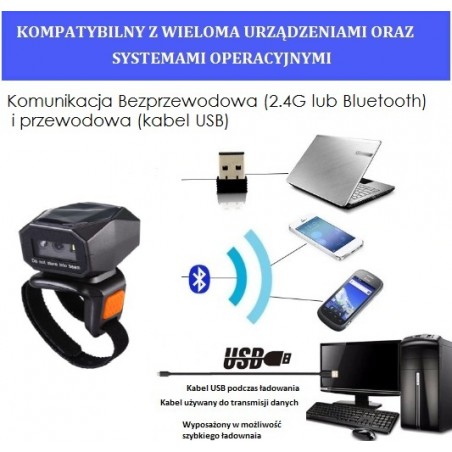 Bezprzewodowy czytnik kodów na palec QR 320° Bluetooth 4.1 2.4G kabel USB bateria 450mAh