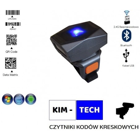 Bezprzewodowy czytnik kodów na palec QR 320° Bluetooth 4.1 2.4G kabel USB bateria 450mAh