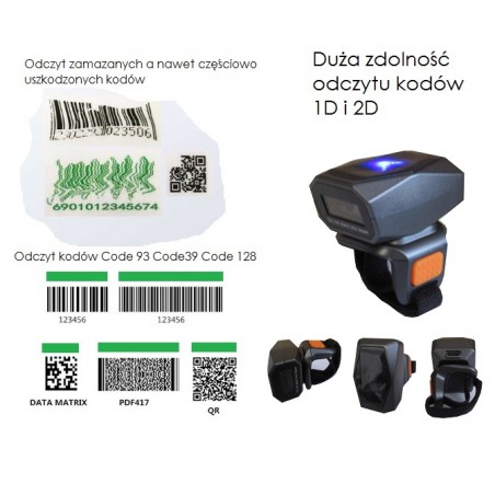 Bezprzewodowy czytnik kodów na palec QR 320° Bluetooth 4.1 2.4G kabel USB bateria 450mAh