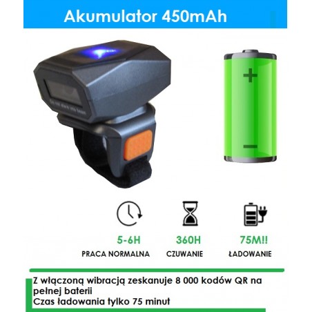 Bezprzewodowy czytnik kodów na palec QR 320° Bluetooth 4.1 2.4G kabel USB bateria 450mAh