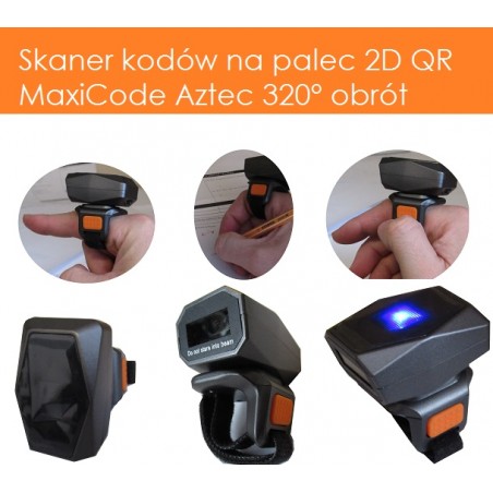 Bezprzewodowy czytnik kodów na palec QR 320° Bluetooth 4.1 2.4G kabel USB bateria 450mAh