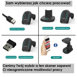 Skaner kodów kreskowych 1D 2D QR Aztec Data Matrix PDF417 2.4G Bluetooth kabel z bazą