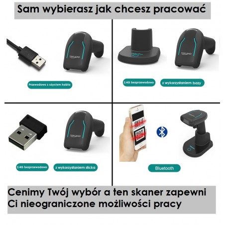 Skaner kodów kreskowych 1D 2D QR Aztec Data Matrix PDF417 2.4G Bluetooth kabel z bazą