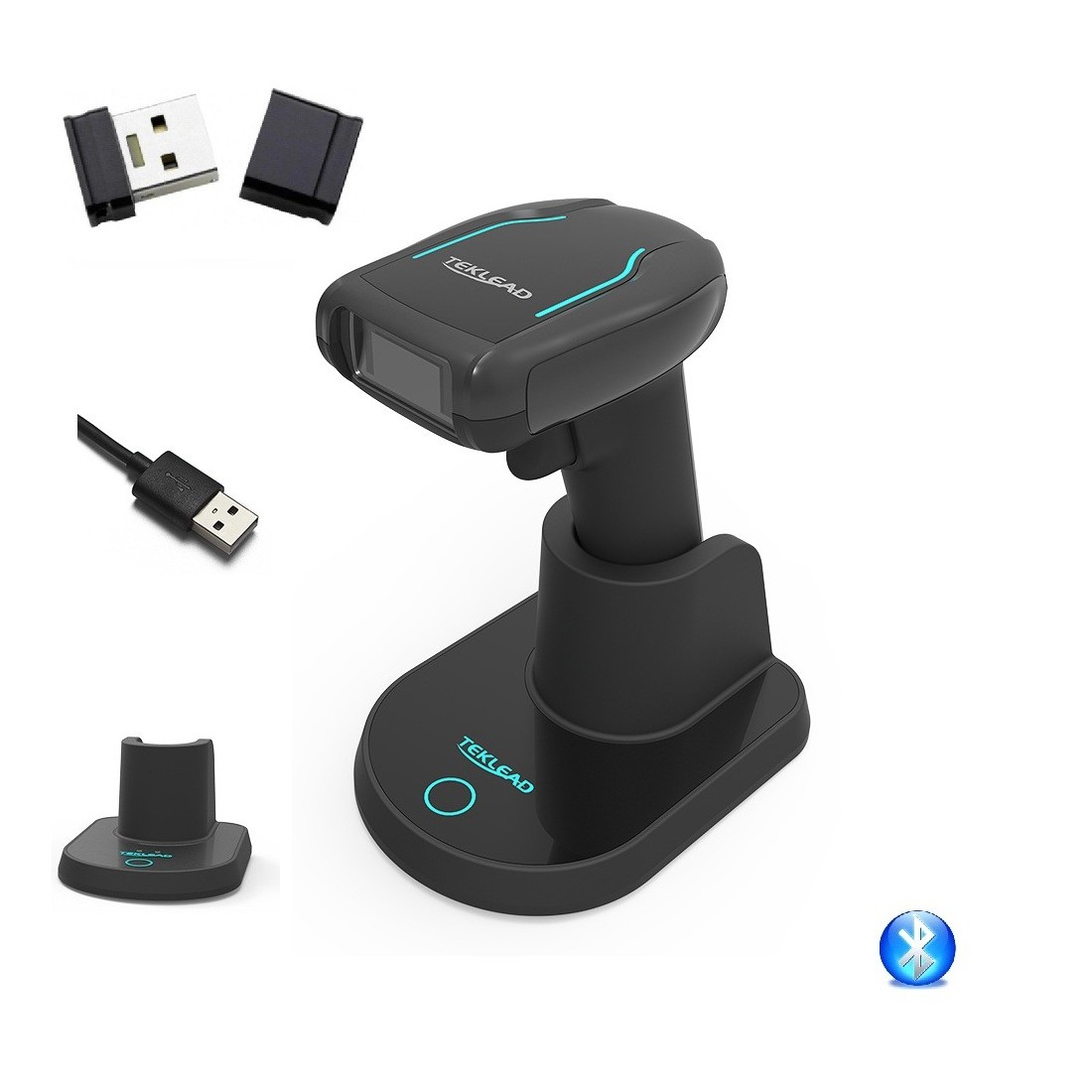 Skaner kodów kreskowych 1D 2D QR Aztec Data Matrix PDF417 2.4G Bluetooth kabel z bazą