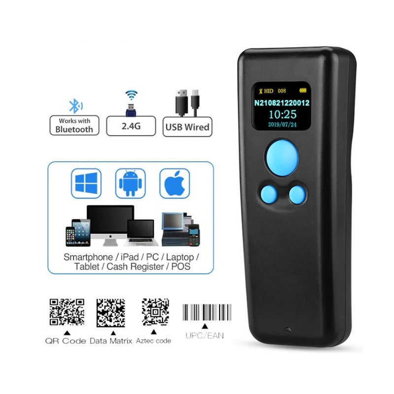 Mini skaner kodów QR z wyświetlaczem OLED Bluetooth Bezprzewodowy 2.4 i kabel USB Mini skaner kodów QR z wyświetlaczem OLED Bluetooth Bezprzewodowy 2.4 i kabel USB