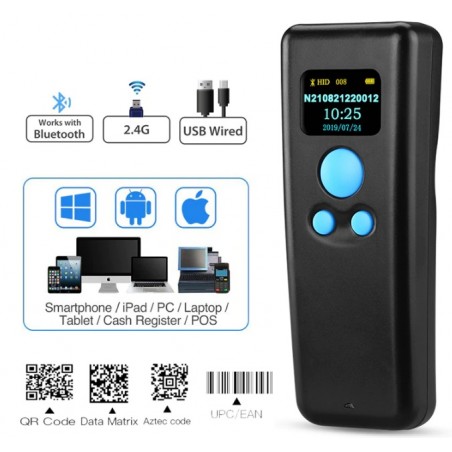 Mini skaner kodów QR z wyświetlaczem OLED Bluetooth Bezprzewodowy 2.4 i kabel USB