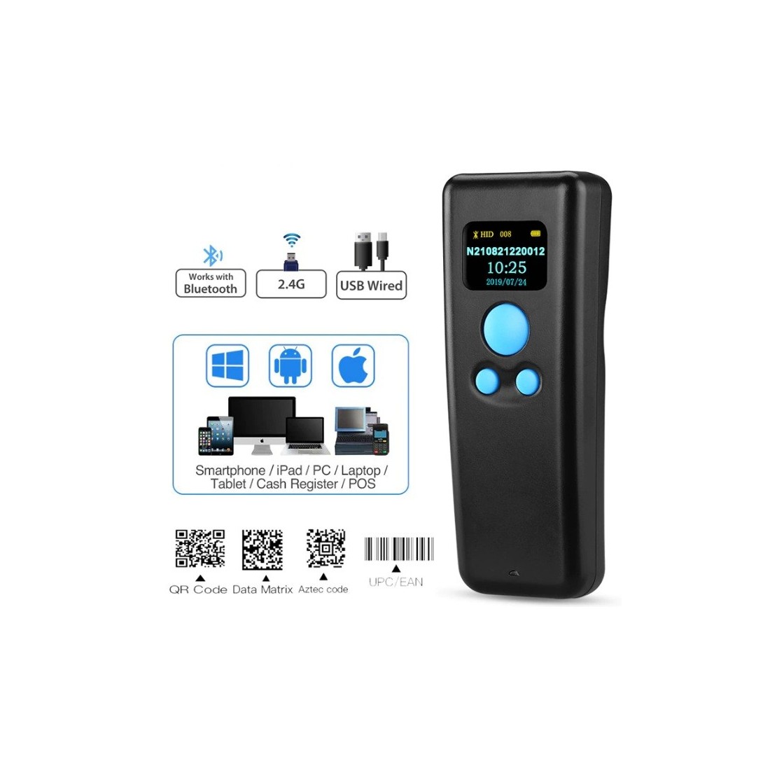 Mini skaner kodów QR z wyświetlaczem OLED Bluetooth Bezprzewodowy 2.4 i kabel USB