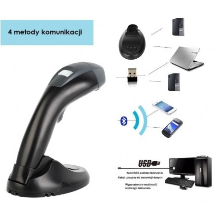 Bezprzewodowy 2.4G czytnik kodów kreskowych 2D QR Aztec z bazą dokującą Buetooth i kabel USB