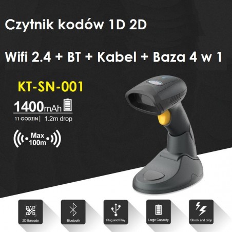 Bezprzewodowy skaner kodów kreskowych z bazą 1D 2D Bluetooth i stick 2.4G