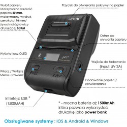 Przenośna bezprzewodowa bluetooth drukarka termiczna etykiet i kwitów 80mm